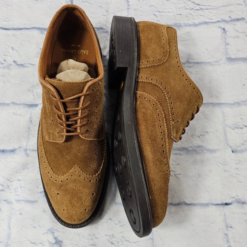 Ralph Lauren Wingtip Oxford Mens 9 Brown Suede Brogue Cow Leather Dress Shoes